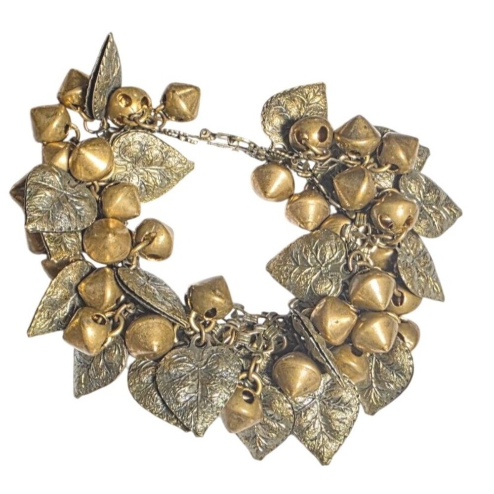 Vintage Bracelet Gold Tone Leaf & Bell Charm 7.5" Chain Link Design Retro Style